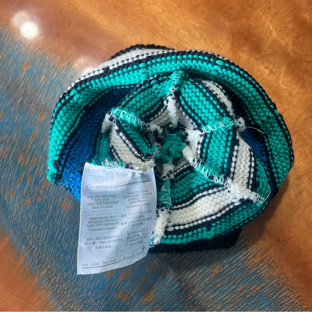 Smartwool Merino Wool Knit Pom Pom Beanie made in Canada blue white green - Picture 4 of 7